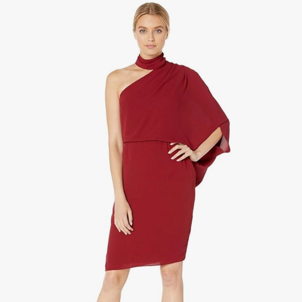 Halston Red Wrap Neck Asymmetric Draped Dress Size 12